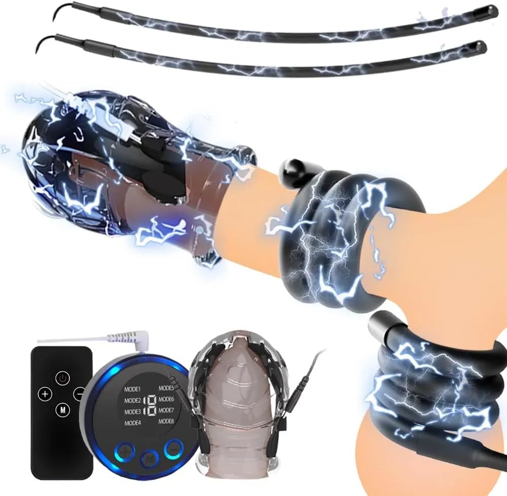 Elektro Schock Eichel Hülse Penis Trainer Set mit Penisringe Hodenring - DELUSTLAB