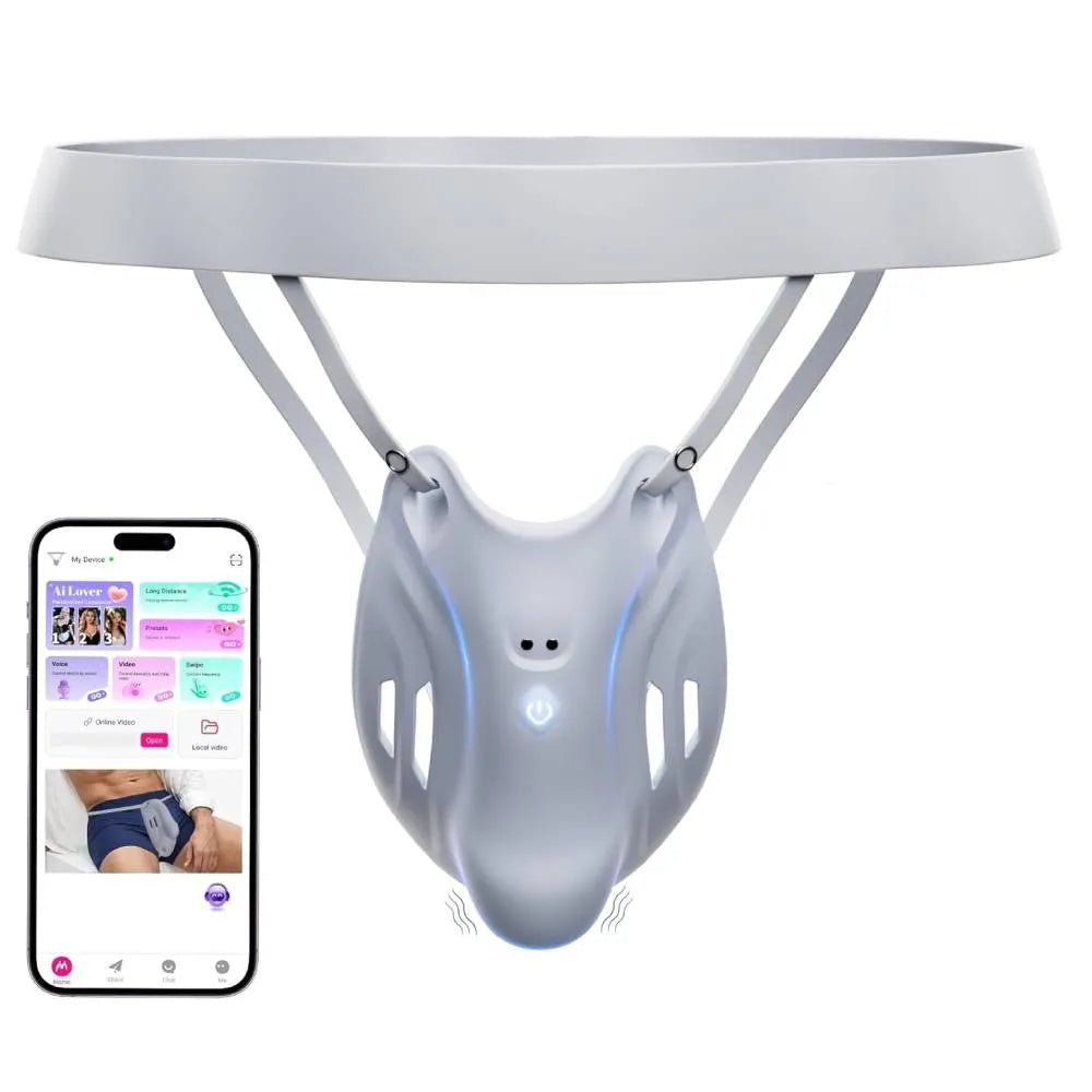 Tragbarer Peniskäfig Keuschheitsgürtel BDSM - Schutz Hodentrainer mit 9 Vibrationsmodi Penishülle - DELUSTLAB